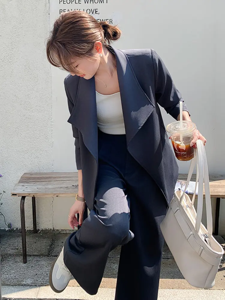 LANMREM 2 Pieces Sets For Women Long Sleeves Big Lapel Belt Coat With Wide-leg Pants Solid Color Sets Office Lady New 2DM1005