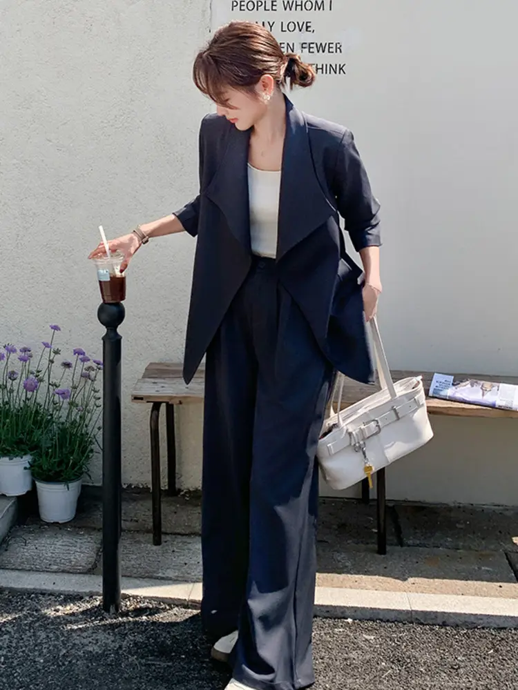 LANMREM 2 Pieces Sets For Women Long Sleeves Big Lapel Belt Coat With Wide-leg Pants Solid Color Sets Office Lady New 2DM1005
