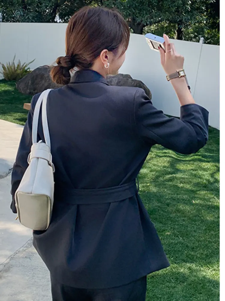 LANMREM 2 Pieces Sets For Women Long Sleeves Big Lapel Belt Coat With Wide-leg Pants Solid Color Sets Office Lady New 2DM1005