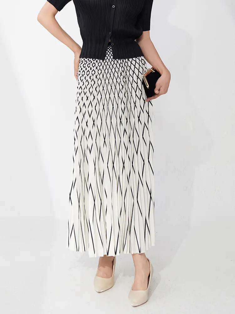 LANMREM SummerDiamond Print  Pleated Skirt Women's High-end Long Elastic High Waist Loose Long Skirts 2025 Chic New 2DB3492