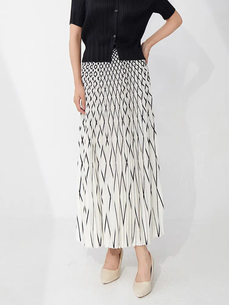 LANMREM SummerDiamond Print  Pleated Skirt Women's High-end Long Elastic High Waist Loose Long Skirts 2025 Chic New 2DB3492