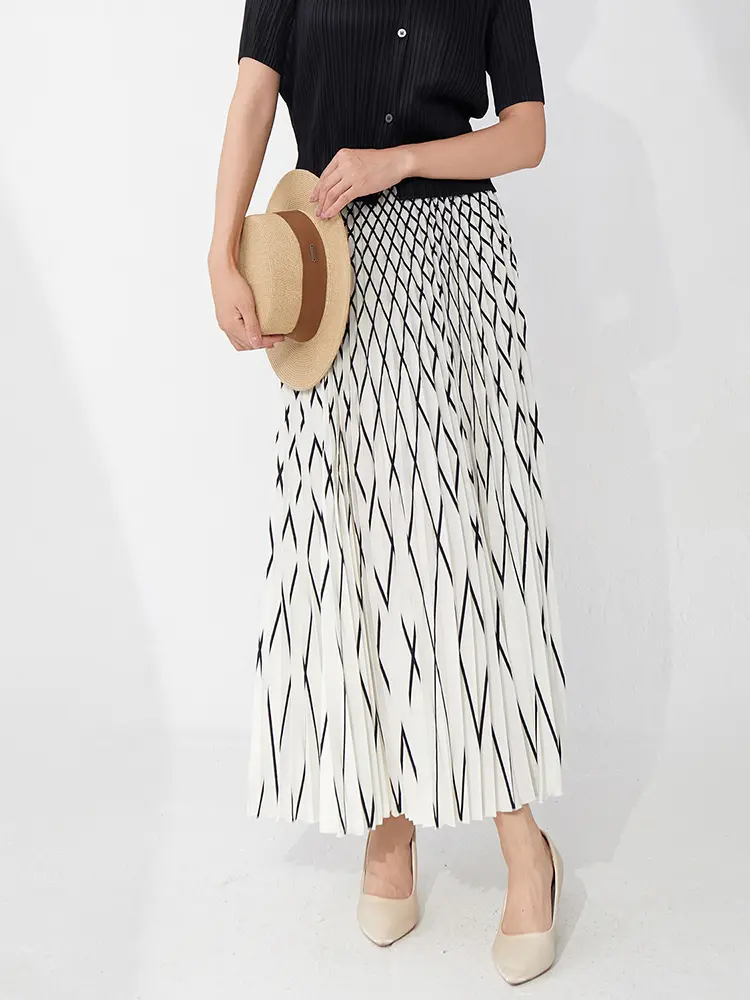 LANMREM SummerDiamond Print  Pleated Skirt Women's High-end Long Elastic High Waist Loose Long Skirts 2025 Chic New 2DB3492