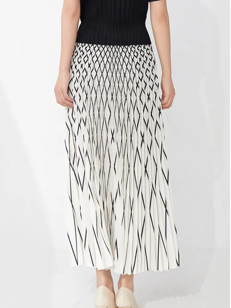LANMREM SummerDiamond Print  Pleated Skirt Women's High-end Long Elastic High Waist Loose Long Skirts 2025 Chic New 2DB3492
