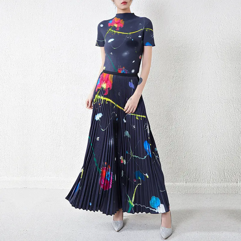LANMREM High Elastic Slime Pleated Women's Two Pieces Set Stand Collar Short Sleeve T-shirt And Printting Long Skirt 2DB3717