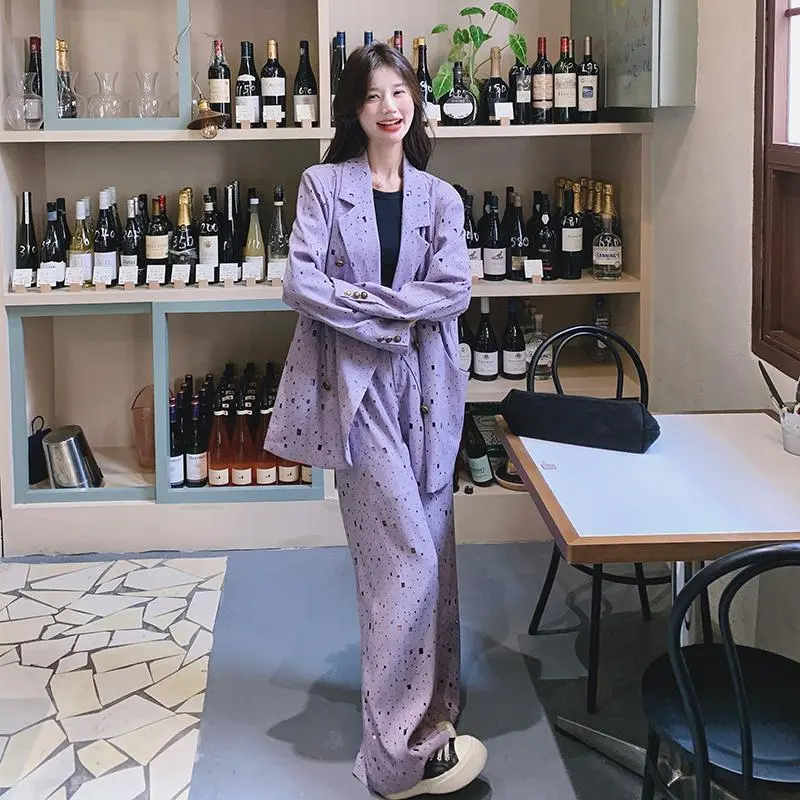 LANMREM Purple 2025 New High-end Pleated Women's Two Pieces Set Printting Double Breated Blazer And Wide-leg Pants Chic 2DB3799