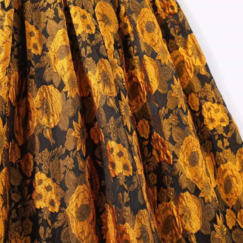 LANMREM Gold Vintage Jacquard Embroidered Slimming High Waist Puff Skirt Versatile Medium Length A-lin Skirts For Women 2DB3424