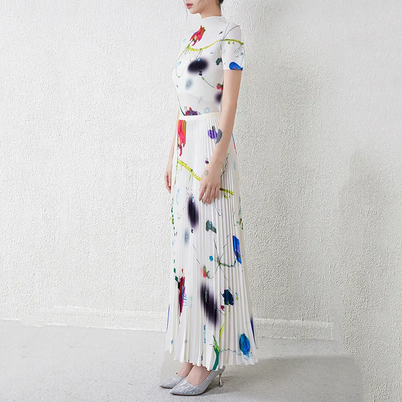 LANMREM High Elastic Slime Pleated Women's Two Pieces Set Stand Collar Short Sleeve T-shirt And Printting Long Skirt 2DB3717
