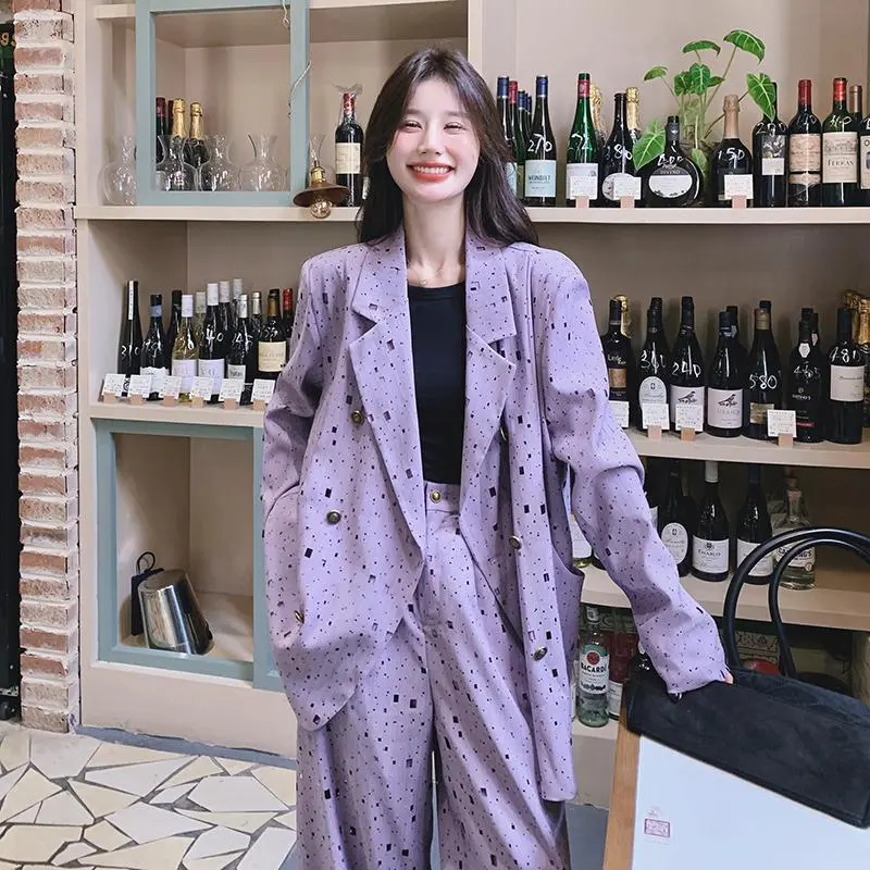 LANMREM Purple 2025 New High-end Pleated Women's Two Pieces Set Printting Double Breated Blazer And Wide-leg Pants Chic 2DB3799