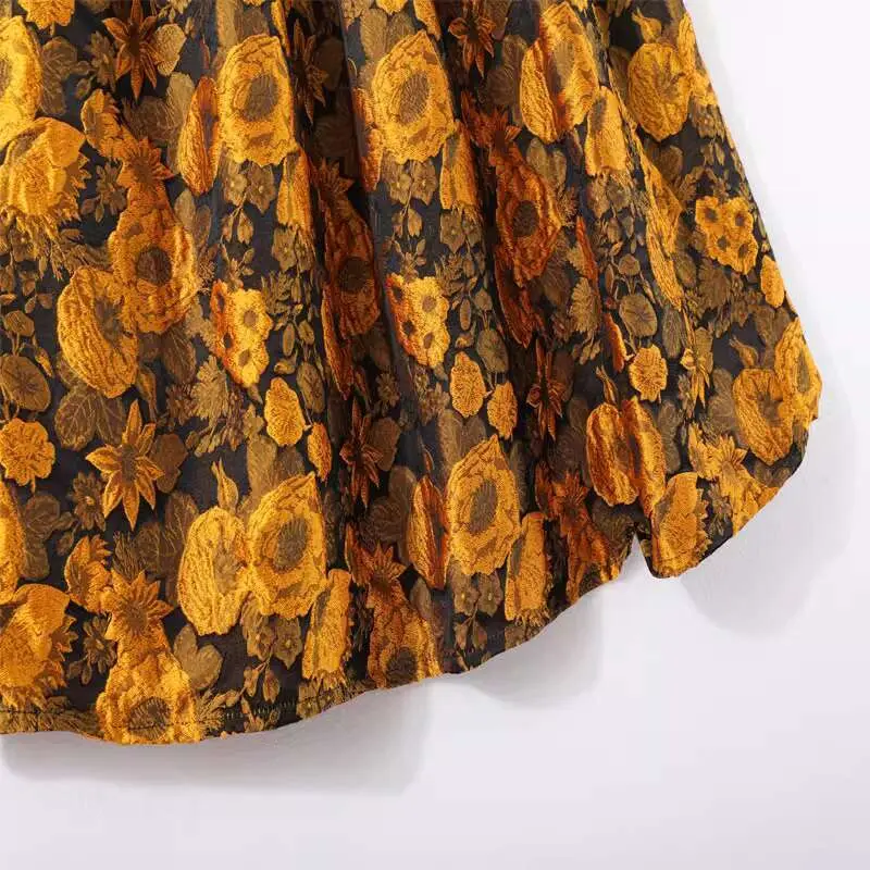 LANMREM Gold Vintage Jacquard Embroidered Slimming High Waist Puff Skirt Versatile Medium Length A-lin Skirts For Women 2DB3424