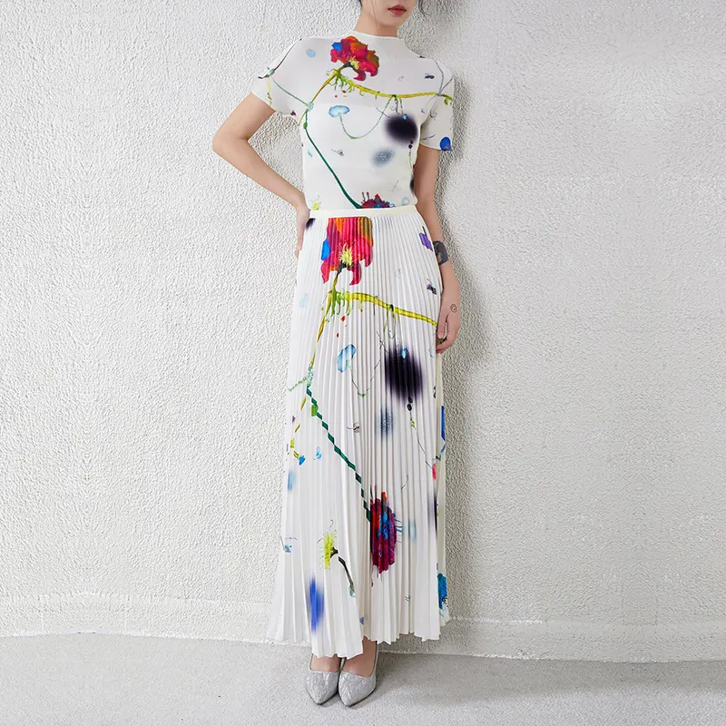 LANMREM High Elastic Slime Pleated Women's Two Pieces Set Stand Collar Short Sleeve T-shirt And Printting Long Skirt 2DB3717