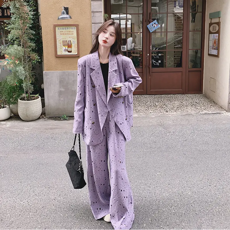 LANMREM Purple 2025 New High-end Pleated Women's Two Pieces Set Printting Double Breated Blazer And Wide-leg Pants Chic 2DB3799