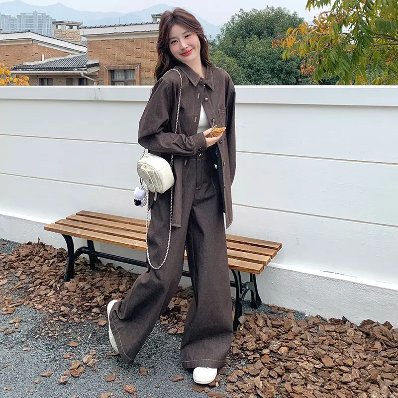 LANMREM Coffee Color Casual Denim Set Women's Sweet Single Breasted Jackets + High Waisted Wide Leg Pants Two-piece Sets 2DB3714