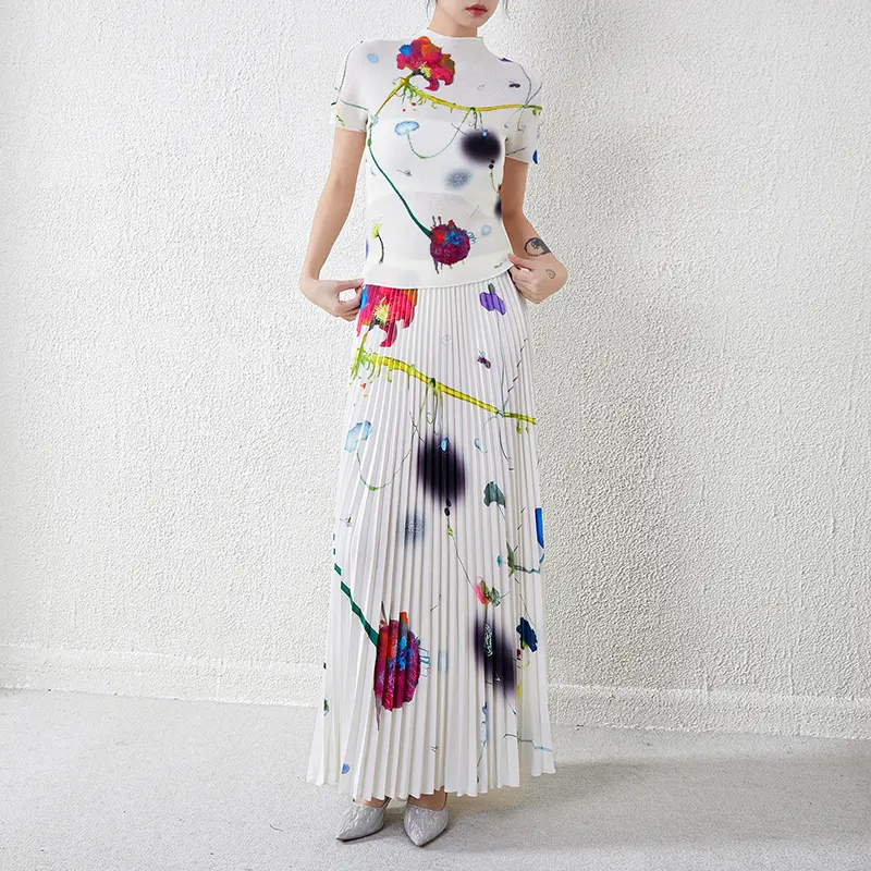 LANMREM High Elastic Slime Pleated Women's Two Pieces Set Stand Collar Short Sleeve T-shirt And Printting Long Skirt 2DB3717