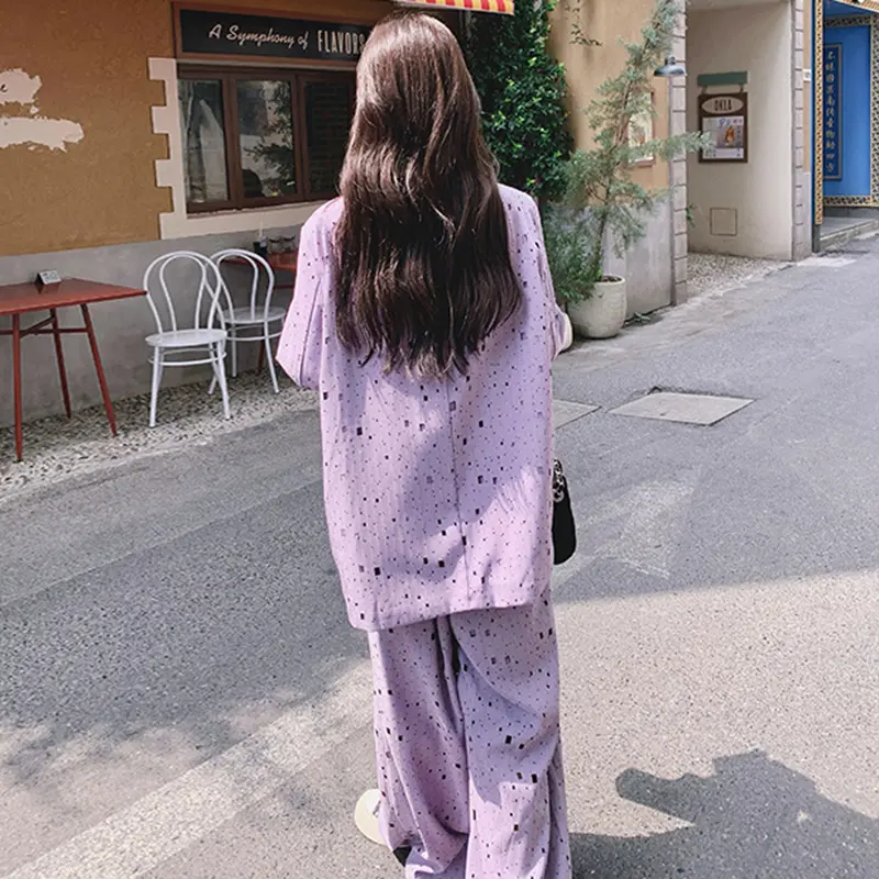 LANMREM Purple 2025 New High-end Pleated Women's Two Pieces Set Printting Double Breated Blazer And Wide-leg Pants Chic 2DB3799
