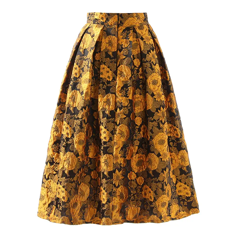 LANMREM Gold Vintage Jacquard Embroidered Slimming High Waist Puff Skirt Versatile Medium Length A-lin Skirts For Women 2DB3424