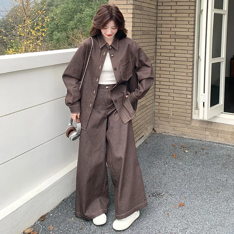 LANMREM Coffee Color Casual Denim Set Women's Sweet Single Breasted Jackets + High Waisted Wide Leg Pants Two-piece Sets 2DB3714