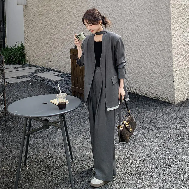 LANMREM Gray Office Style Women's Two Pieces Set For Women 2025 New Korean Style Casual Blazer And Wide-Leg Pants Chic 2DB3713