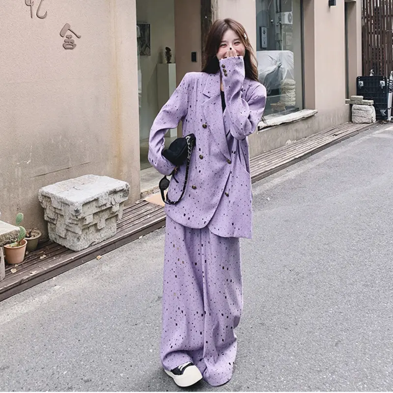 LANMREM Purple 2025 New High-end Pleated Women's Two Pieces Set Printting Double Breated Blazer And Wide-leg Pants Chic 2DB3799