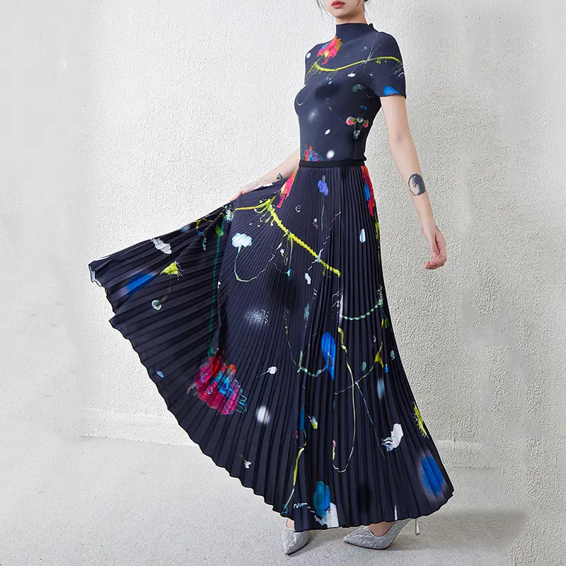 LANMREM High Elastic Slime Pleated Women's Two Pieces Set Stand Collar Short Sleeve T-shirt And Printting Long Skirt 2DB3717