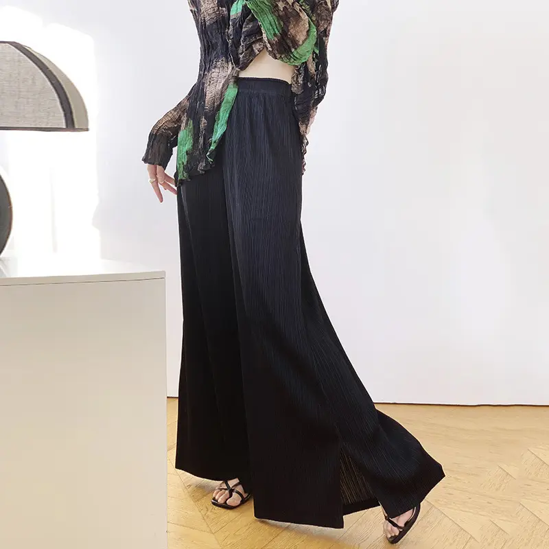 LANMREM Navy Blue Pleated Women's Wide Leg Pants 2025 Chic New High-end Elastic High Waist Loose Casual Draped Trousers 2DB3946