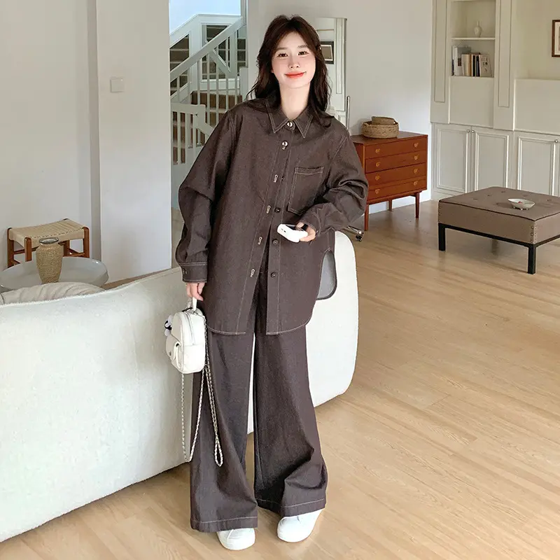 LANMREM Coffee Color Casual Denim Set Women's Sweet Single Breasted Jackets + High Waisted Wide Leg Pants Two-piece Sets 2DB3714