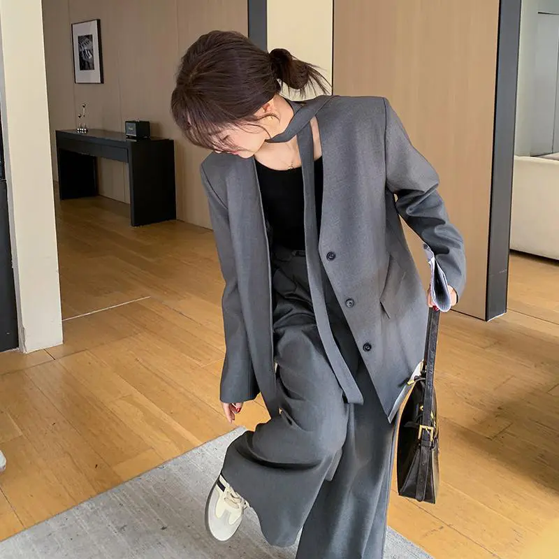 LANMREM Gray Office Style Women's Two Pieces Set For Women 2025 New Korean Style Casual Blazer And Wide-Leg Pants Chic 2DB3713