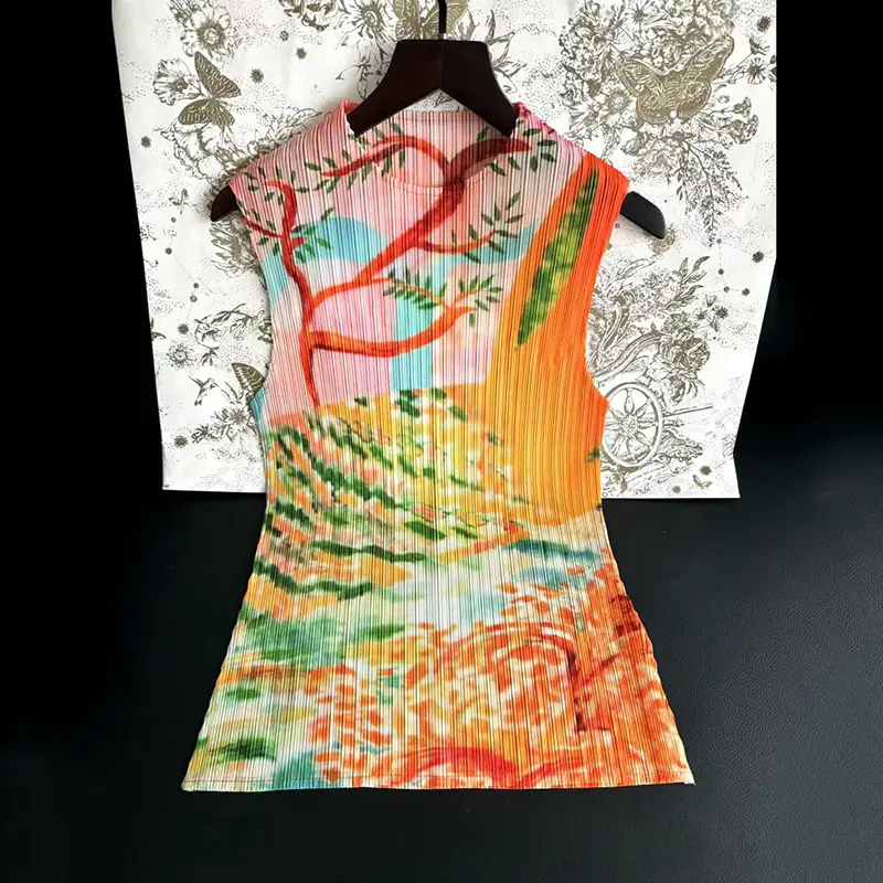 LANMREM Pleated Floral Print Round Neck Elastic Slim Tank Top Summer Round Neck Sleeveless Fashion Lightweight Women's T-shirt