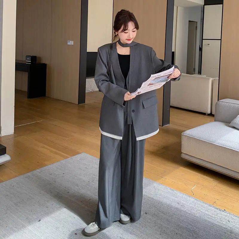 LANMREM Gray Office Style Women's Two Pieces Set For Women 2025 New Korean Style Casual Blazer And Wide-Leg Pants Chic 2DB3713