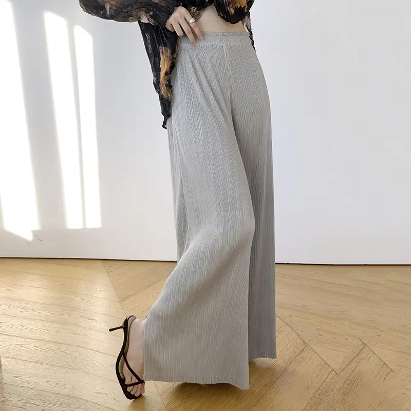 LANMREM Navy Blue Pleated Women's Wide Leg Pants 2025 Chic New High-end Elastic High Waist Loose Casual Draped Trousers 2DB3946