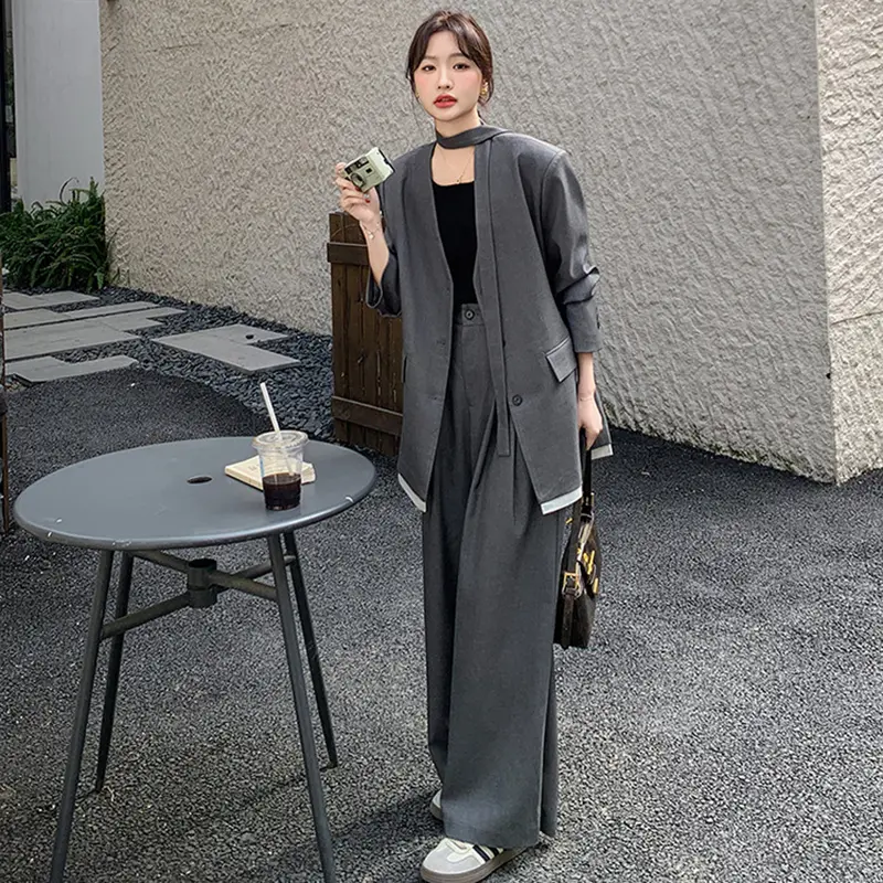 LANMREM Gray Office Style Women's Two Pieces Set For Women 2025 New Korean Style Casual Blazer And Wide-Leg Pants Chic 2DB3713