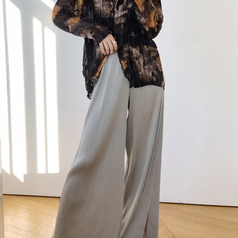 LANMREM Navy Blue Pleated Women's Wide Leg Pants 2025 Chic New High-end Elastic High Waist Loose Casual Draped Trousers 2DB3946