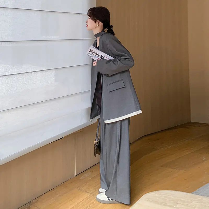 LANMREM Gray Office Style Women's Two Pieces Set For Women 2025 New Korean Style Casual Blazer And Wide-Leg Pants Chic 2DB3713