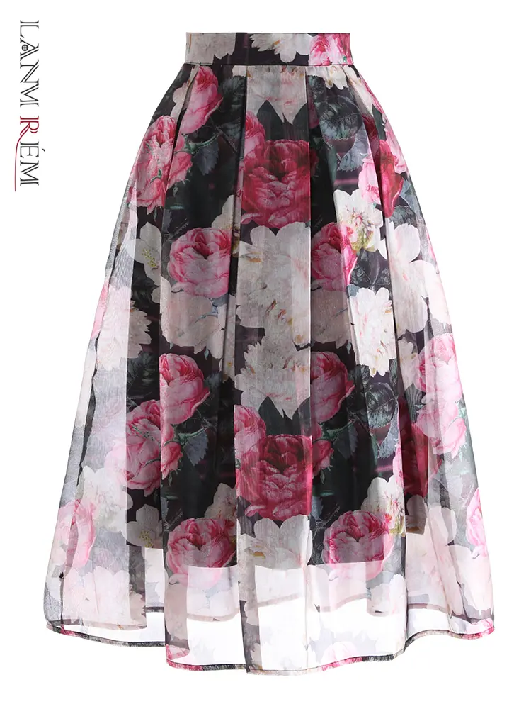 LANMREM Black Organza Printed Midi Skirt For Women 2025 New Pleated Skirt High Waisted Fluffy Bull Gown Bottoms Chic 2DB3407
