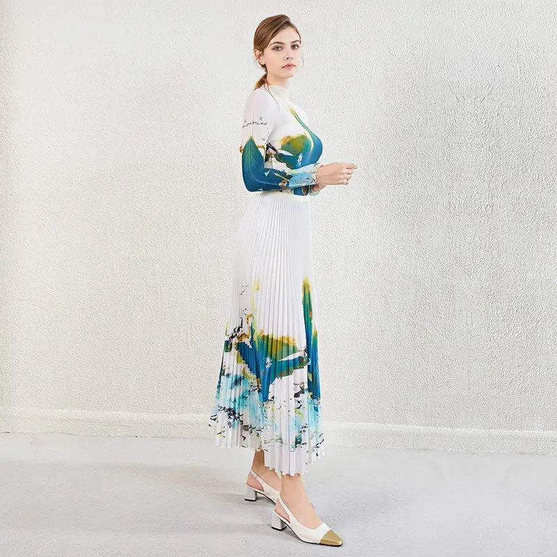 LANMREM Apricot Printting Pleated Women's Two Pieces Set Stand Collar Elastic Slim Pullover Top And Skirt Chic New 2DB3943