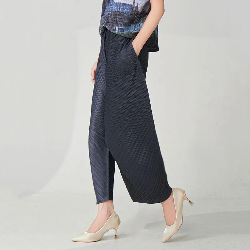LANMREM Pleated Dark Grey Wide Leg Trousers Women's 2025 Chic New Loose Summer Elastic Waist Fashion Ankle Length Pants 2DB4096