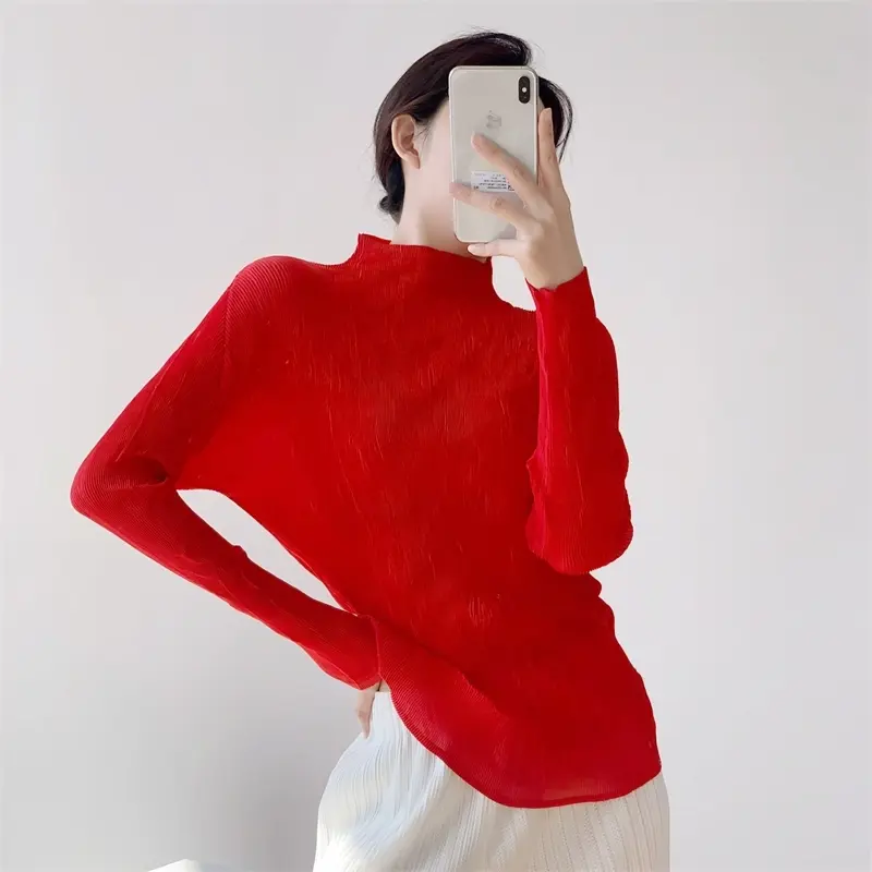 LANMREM Semitransparent Pleated Women's T-Shirt Elegant Stand Collar Elastic Slimming Chic Versatile Base Pullover Tops 2DB4194
