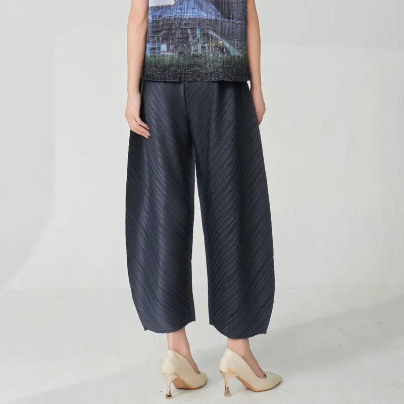 LANMREM Pleated Dark Grey Wide Leg Trousers Women's 2025 Chic New Loose Summer Elastic Waist Fashion Ankle Length Pants 2DB4096