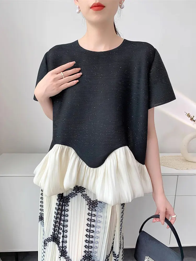 LANMREM Niche Color Blocked Spliced Hem Design Pleated Women's T-shirt 2025 Summer Casual Short Sleeve Pullover Tops 2DB3524
