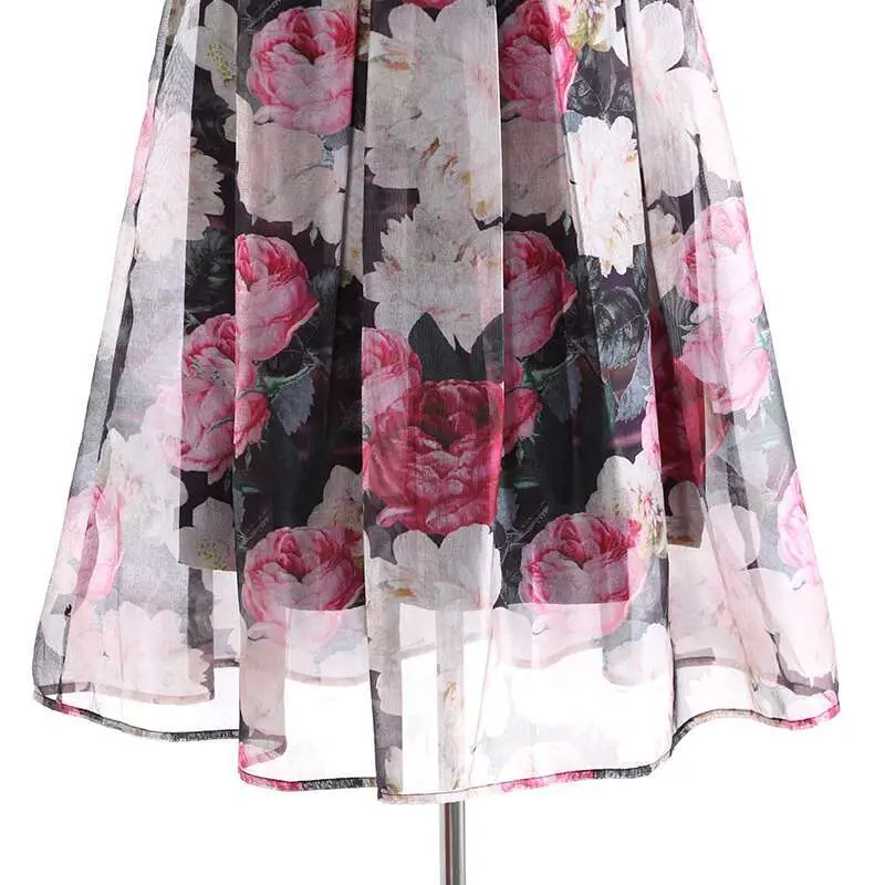LANMREM Black Organza Printed Midi Skirt For Women 2025 New Pleated Skirt High Waisted Fluffy Bull Gown Bottoms Chic 2DB3407