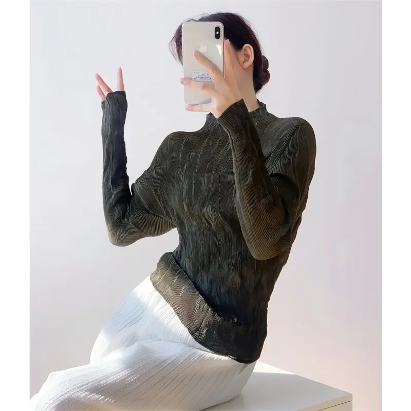 LANMREM Semitransparent Pleated Women's T-Shirt Elegant Stand Collar Elastic Slimming Chic Versatile Base Pullover Tops 2DB4194