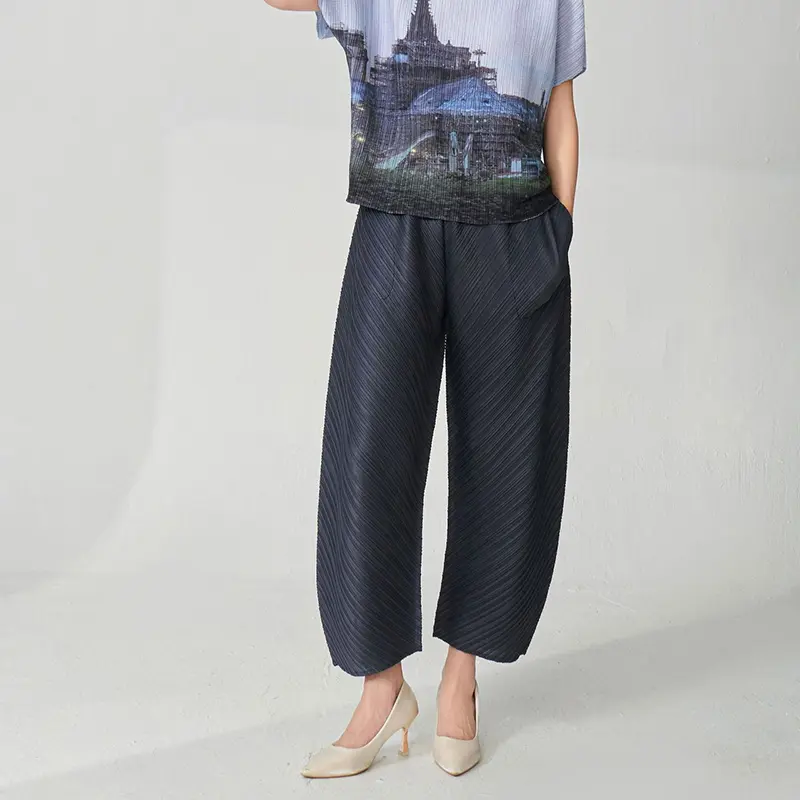 LANMREM Pleated Dark Grey Wide Leg Trousers Women's 2025 Chic New Loose Summer Elastic Waist Fashion Ankle Length Pants 2DB4096