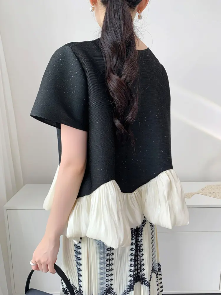LANMREM Niche Color Blocked Spliced Hem Design Pleated Women's T-shirt 2025 Summer Casual Short Sleeve Pullover Tops 2DB3524
