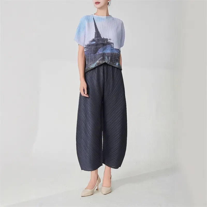 LANMREM Pleated Dark Grey Wide Leg Trousers Women's 2025 Chic New Loose Summer Elastic Waist Fashion Ankle Length Pants 2DB4096