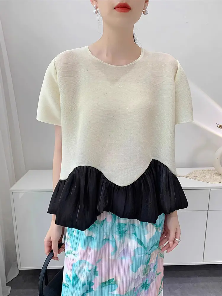 LANMREM Niche Color Blocked Spliced Hem Design Pleated Women's T-shirt 2025 Summer Casual Short Sleeve Pullover Tops 2DB3524
