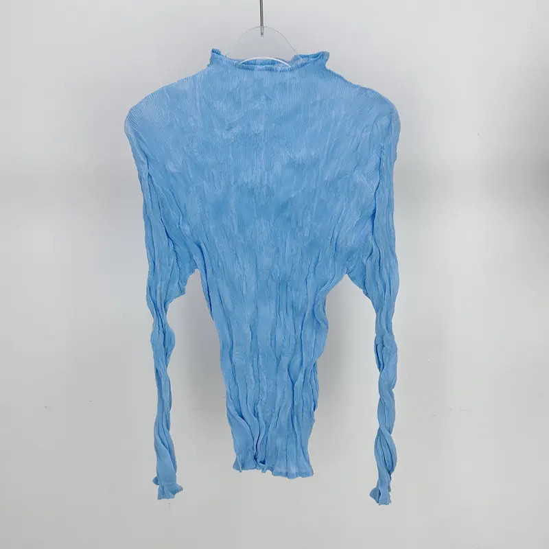 LANMREM Semitransparent Pleated Women's T-Shirt Elegant Stand Collar Elastic Slimming Chic Versatile Base Pullover Tops 2DB4194