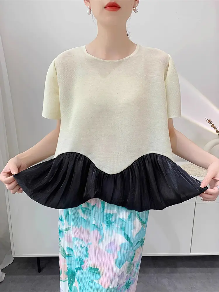 LANMREM Niche Color Blocked Spliced Hem Design Pleated Women's T-shirt 2025 Summer Casual Short Sleeve Pullover Tops 2DB3524