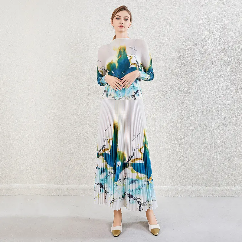 LANMREM Apricot Printting Pleated Women's Two Pieces Set Stand Collar Elastic Slim Pullover Top And Skirt Chic New 2DB3943
