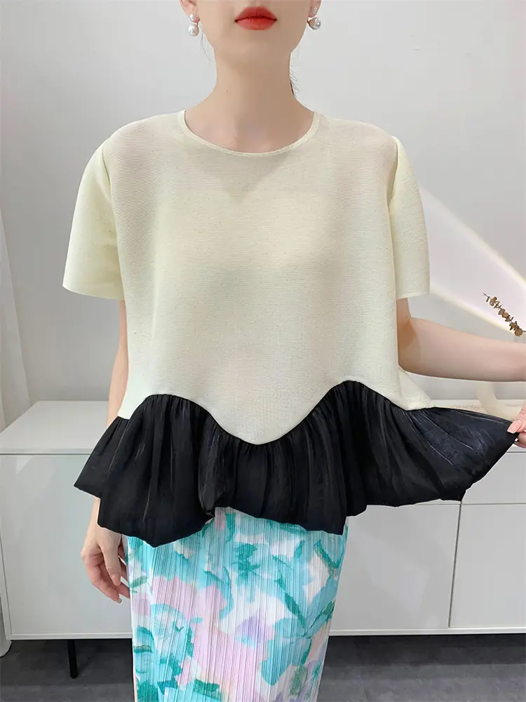 LANMREM Niche Color Blocked Spliced Hem Design Pleated Women's T-shirt 2025 Summer Casual Short Sleeve Pullover Tops 2DB3524