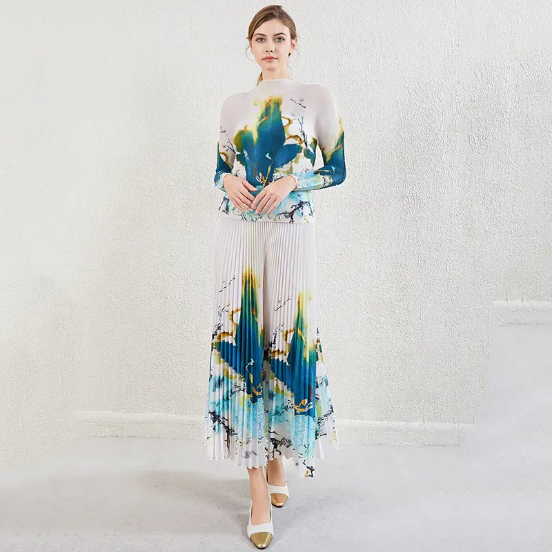 LANMREM Apricot Printting Pleated Women's Two Pieces Set Stand Collar Elastic Slim Pullover Top And Skirt Chic New 2DB3943