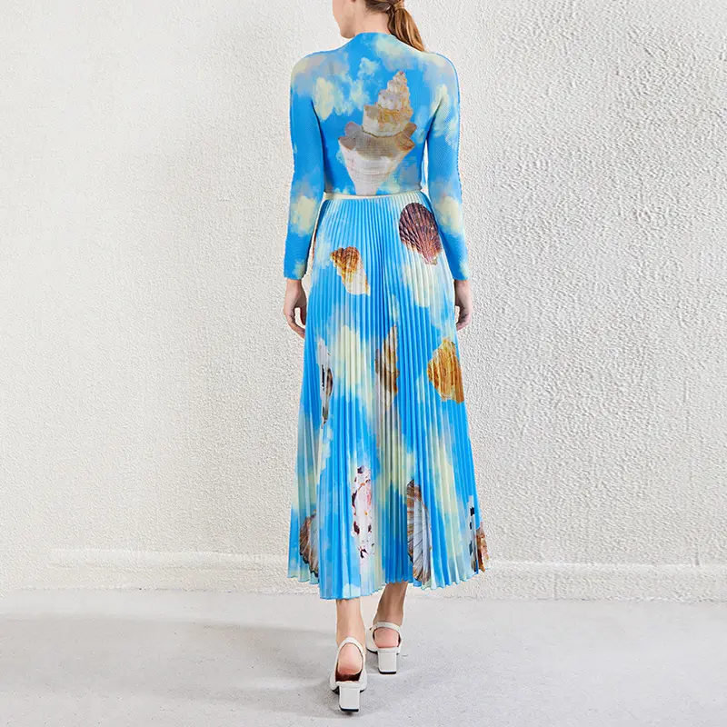 LANMREM Blue Printting High Elastic Pleasted Women's Two Pieces Set Stand Collar Pullover Top And Folded Skirt Chic New 2DB3964